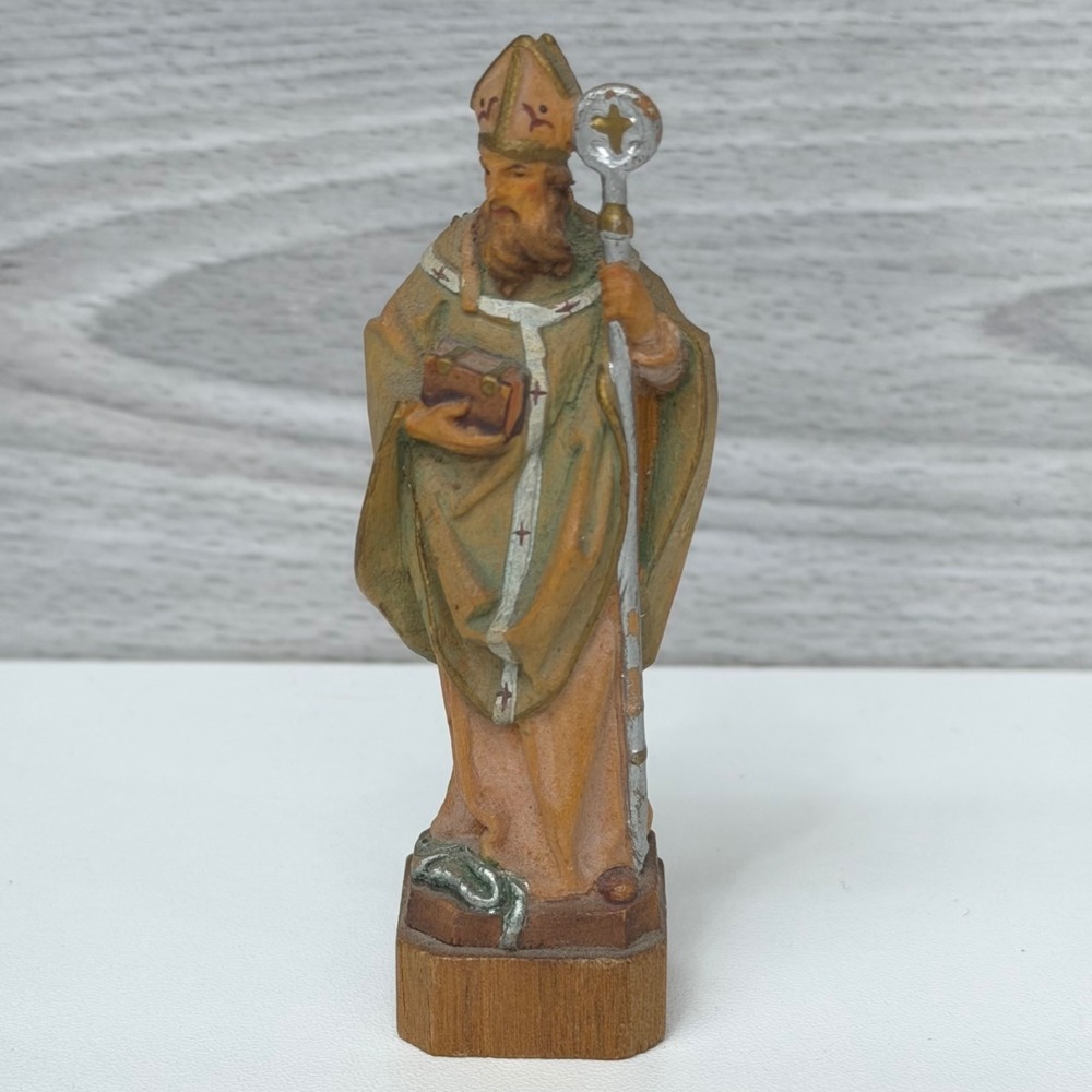 ANRI Italy Hand Carved Wood Saint Figurine Bishop with Staff and Serpent 3 Inch